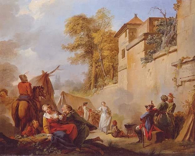 Accampamento militare vicino alle mura della città con una coppia amorosa, 1747